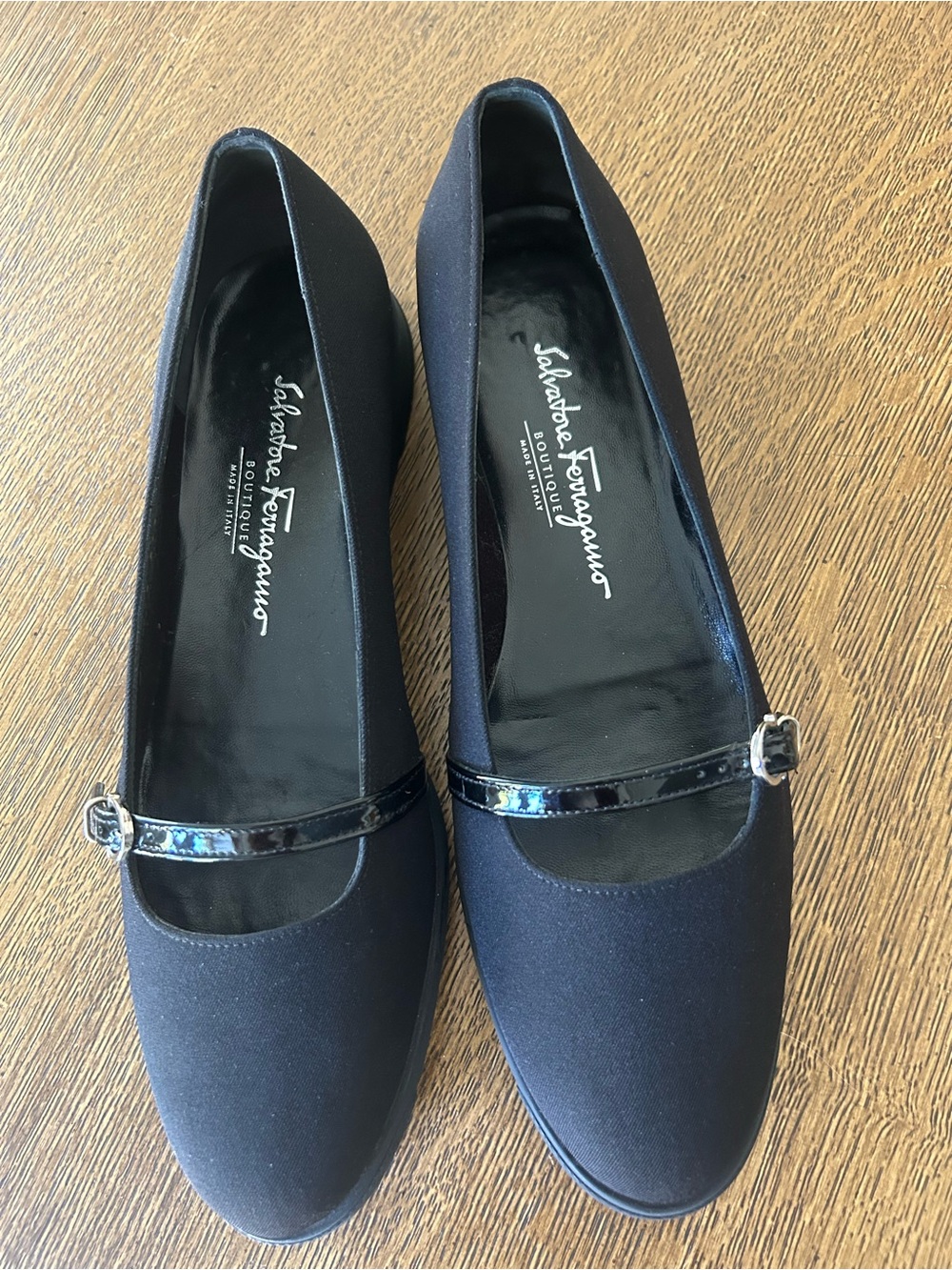 Salvatore Ferragamo Black Mary Jane Flats with Patent Strap and Silver Buckle